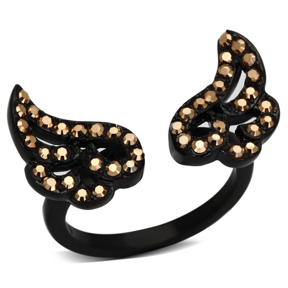 Alamode Jewelry - Gold Metallic Crystal Wing Black Stainless Steel Ring Size 9